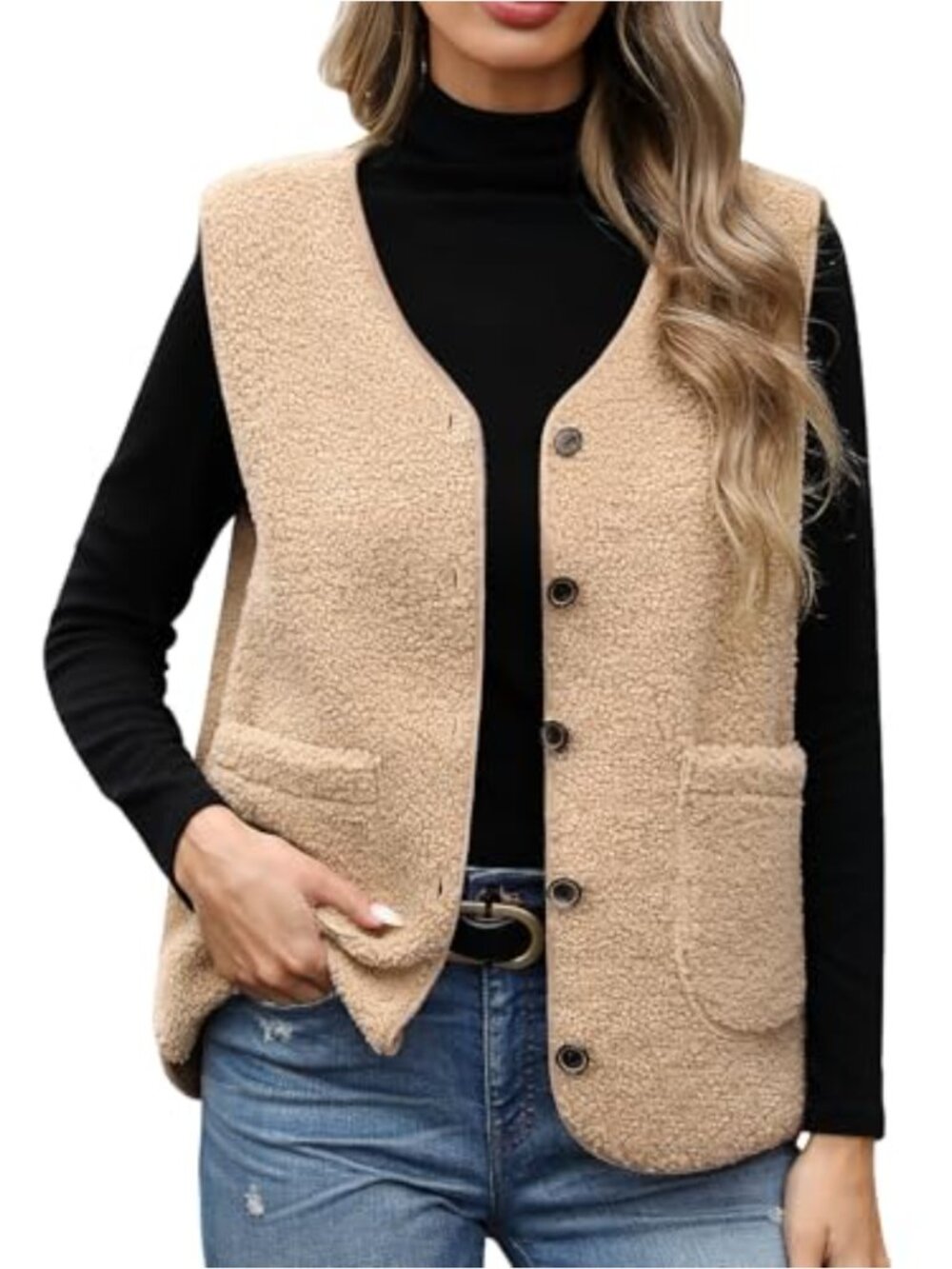 Women's Sleeveless Fleece Vest Button Front Lightweight Warm Coat with Pockets